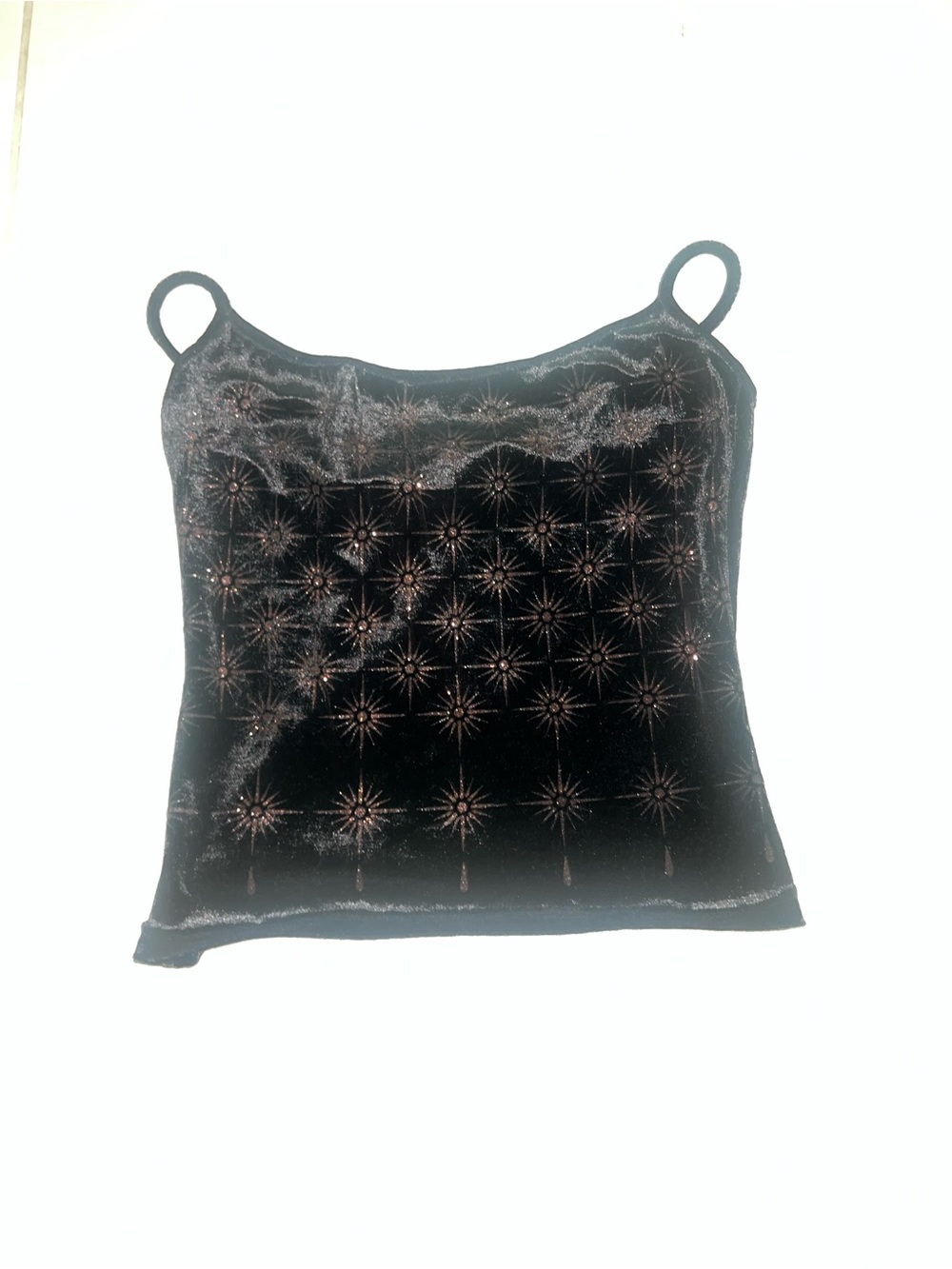 Morgan De Toi Black Velvet Star-Embroidered Spaghetti Strap Top